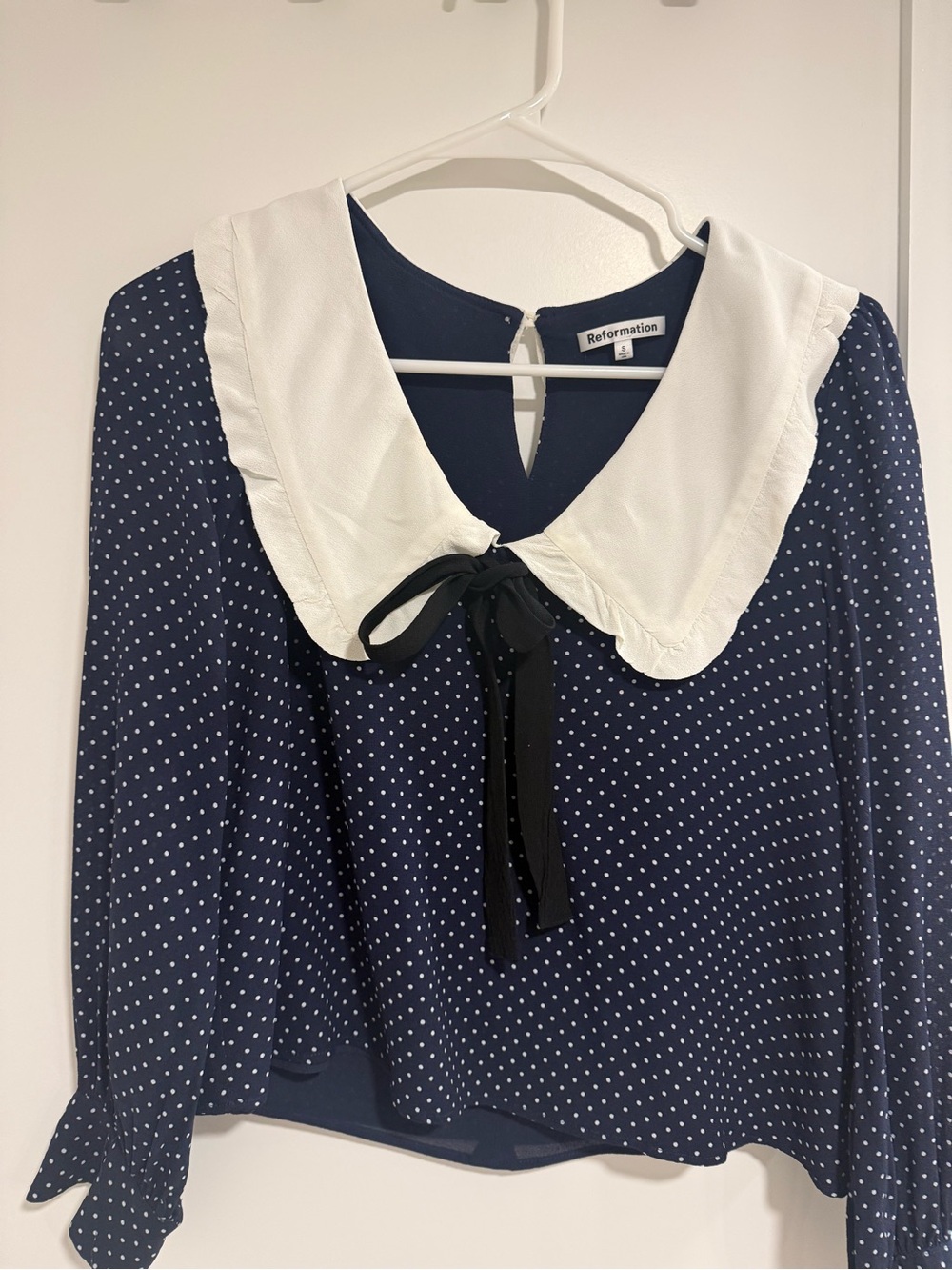 Reformation Navy Polka Dot Blouse with White Peter Pan Collar and Black Ribbon